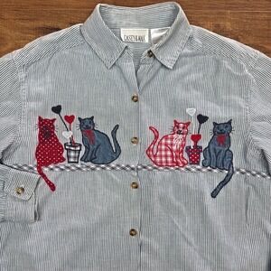 CASEY & MAX 90s‎ Women's Medium Stripe Embroidered Cats Button Up Shirt Grandma